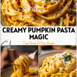 Creamy pumpkin alfredo pasta topped with cheese served in a cozy fall setting. 2026